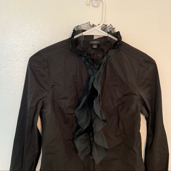 Ann Taylor Button Down Blouse Black Ruffle - Picture 2 of 9